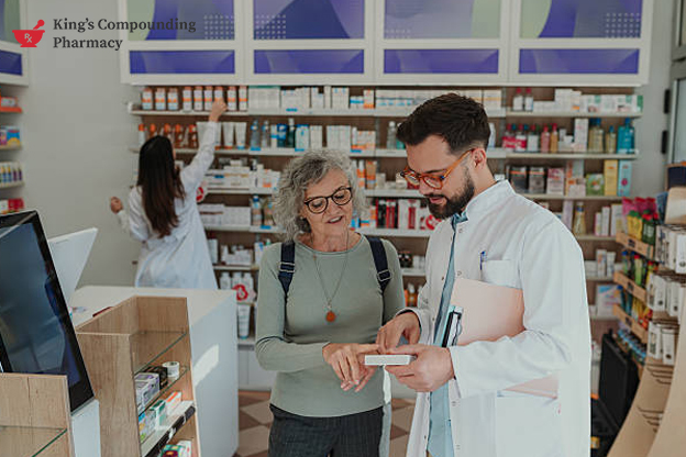 Pharmacist discussing a personalized prescription with a customer