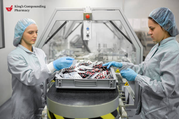 Pharmacy staff handling medications in a clean workspace