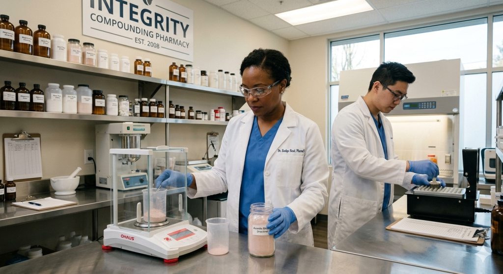  Pharmacists preparing customized medications in a professional compounding pharmacy laboratory. 