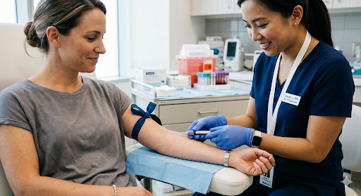 Nurse drawing a patient’s blood sample for hormone lab tests