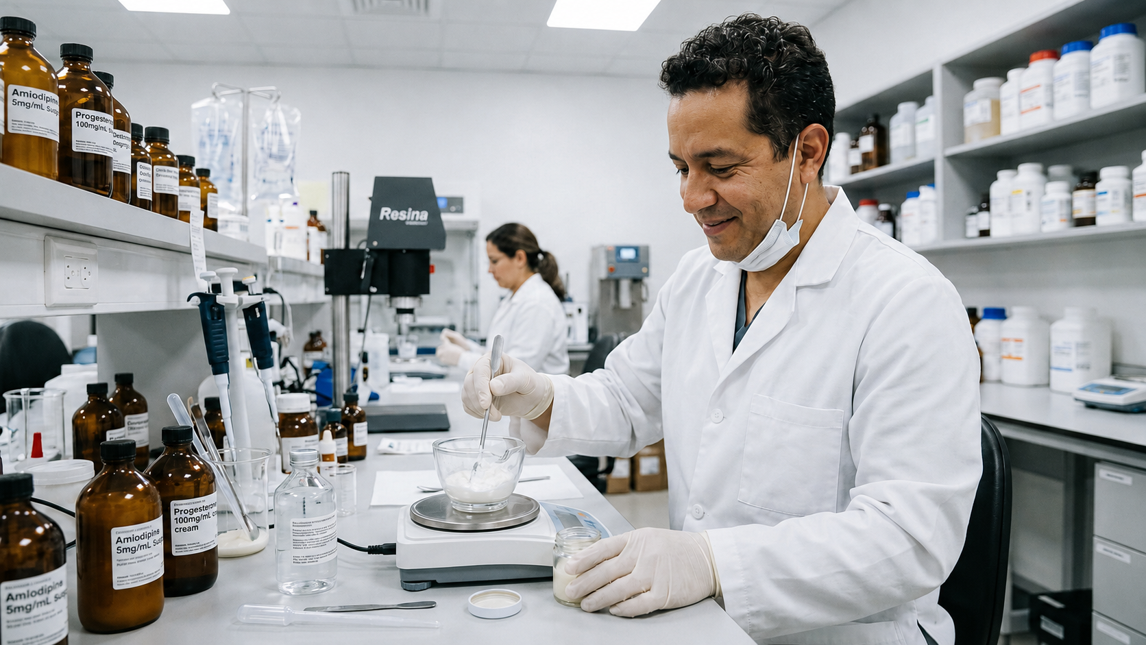 Compounding pharmacist preparing a custom medication by hand at a