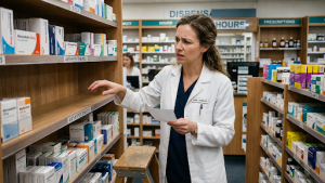 Pharmacist checking a prescription against a shelf of medications