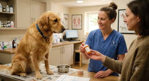 Veterinarian handing a prescription medication bottle to a pet owner