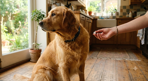 Golden retriever turning away from a pill offered by its owner