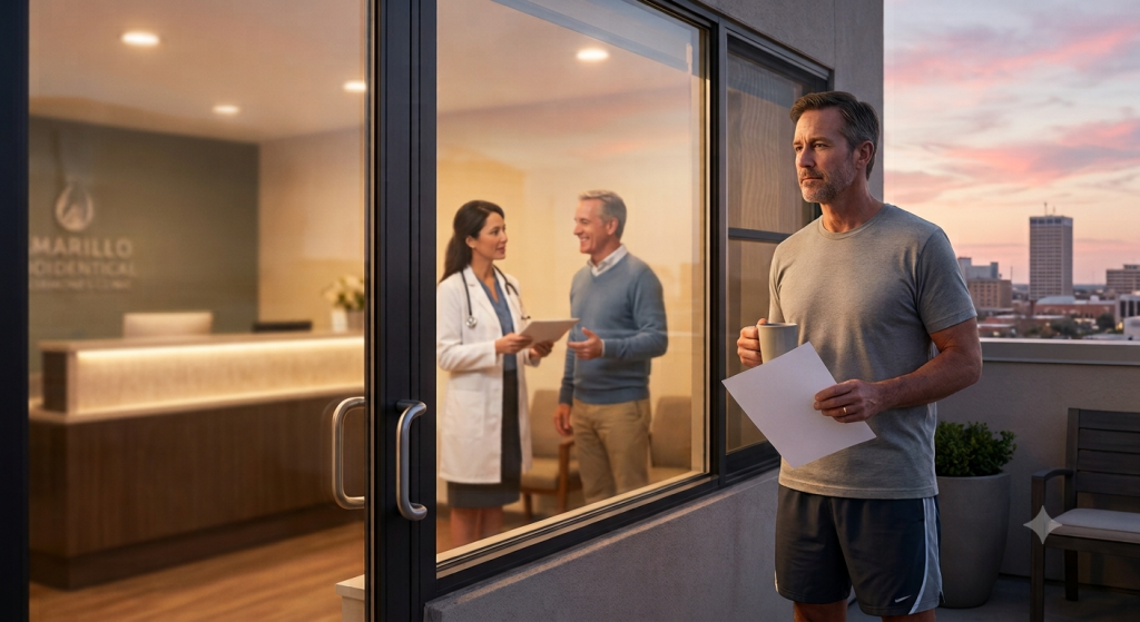 Man outside a hormone clinic reflecting after his appointment