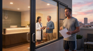 Man outside a hormone clinic reflecting after his appointment