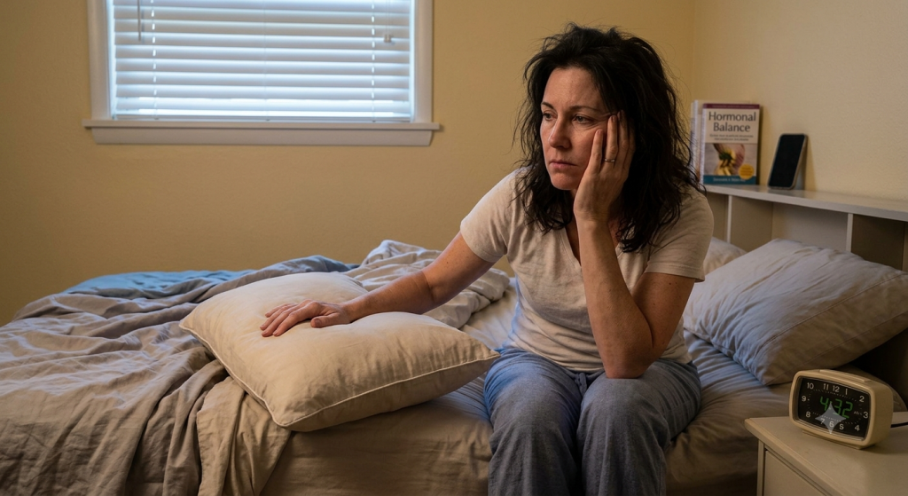 Woman sitting awake on her bed early in the morning, looking tired