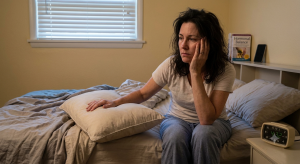 Woman sitting awake on her bed early in the morning, looking tired